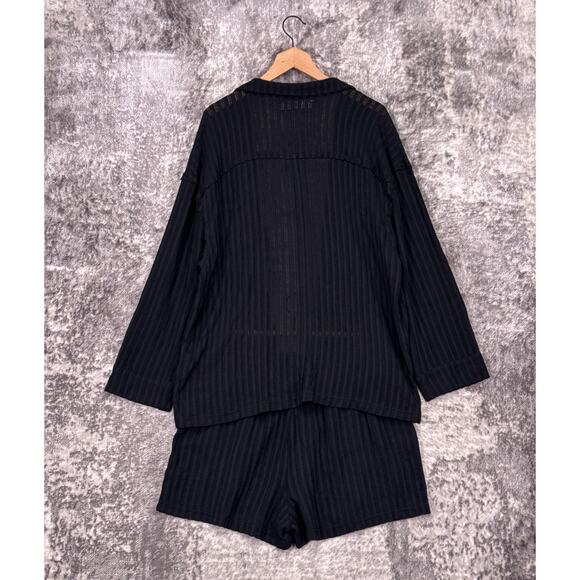 Free People Beach Pacific Set Large Womens Black Ribbed Lounge Semi Sheer 2 Pc - Picture 3 of 11